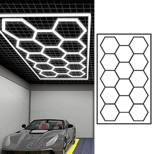Lampada a nido d'ape a LED, luce esagonale da garage, 6500K, luce da soffitto a LED esagonale per la decorazione di auto, per garage, officina, barbiere, showroom. 14 Hex+Border