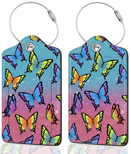 2Pack Luggage Tags for Suitcases, Cute Unique Pu Leather Cruise Luggage Tag with Privacy Cover ID Label Address Card and Metal Ring Suitable for Women Men Kids Travel Bag Colorful butterflies