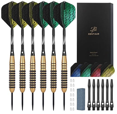 centaur Professional Steel Tip Darts Set - 6 Pack 22g Brass Barrels with 12 Aluminum Shafts (35/48mm), 16 PET Flights, 15 Protectors, Sharpener & Travel Case - Metal Darts Kit for Beginners & Pros