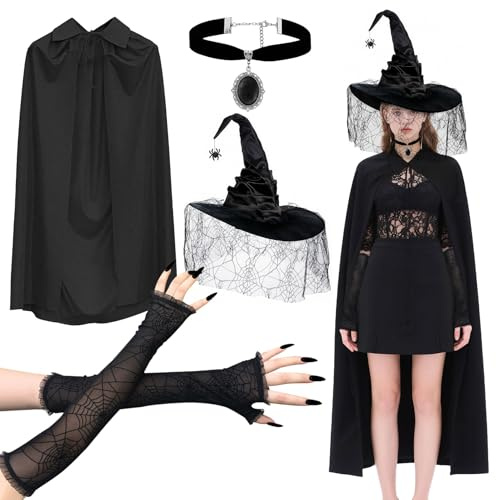 peccera 4er Faschingskostüme Damen, Karneval Kostüm Damen, Hexenkostüm Damen Hexe, Hexenkostüm Damen Set, Witch Kostüm mit Hexenhut, Hexen Zubehör, Stehkragenumhang für Cosplay kostüm Damen, Schwarz