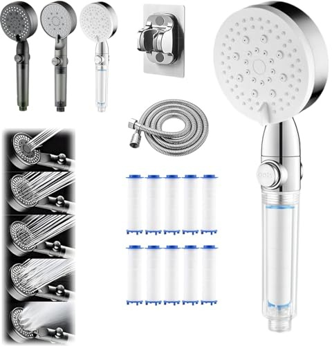 HydroBoost High Pressure 5 - Mode Filtered Shower Head, Universal G1/2” Connector, Filtered Shower Head with Handheld, Built-in Power Wash for Hard Water, Tool-Free Installation (White)