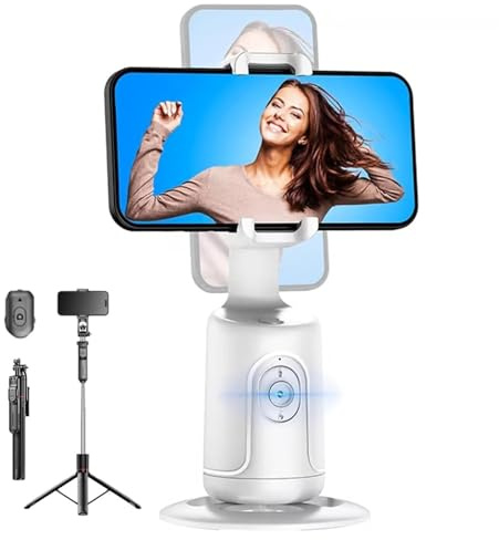 Smart AI Facial Recognition Phone Tripod with 360° Auto Face Tracking,Smart AI Motion Sensor Gimbal Stabilizer Holder with Remote, Rechargeable Smart Shooting Stand(White,With Tripod)