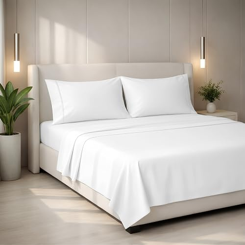 Mayfair Linen 100% Egyptian Cotton Queen Sheets Set - 2000 Series Luxury Sheets Queen Size Bed Set, Soft & Cooling, Sateen Weave 17 Extra Deep Pocket Hotel Collection Sheet (4 Pc, White)
