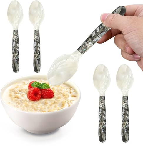 -Cucchiaio - Set di 5 cucchiai di perle con manici in madreperla, utensili decorativi ed eleganti per antipasti gourmet, uova, caffè, presentazione dessert