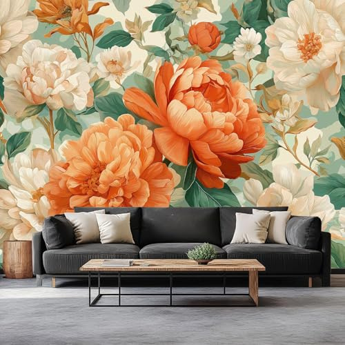 Generico Arancione Carta da Parati Acquerello Piante Fiori Fotomurale Non Tessuto, Poster Gigante Decorazione da Muro, 300 x 210 cm per Soggiorno Camera Letto Ufficio TV Sfondo
