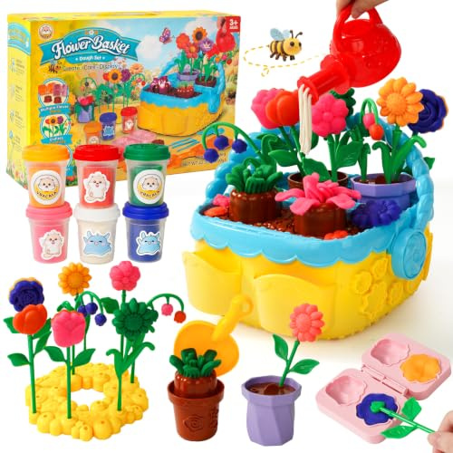 VBACALA Set Pasta Modellabile per Bambini 43 Pezzi, Kit Creativo con 6 Colori, Stampi Fiori, Cesto da Giardino, Annaffiatoio e Attrezzi, Gioco Educativo per Bambine e Bambini 3+ Anni