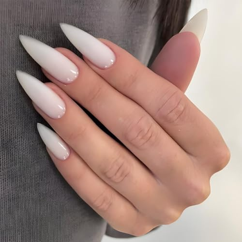 French Tip False Nails - Coffin Press on Nails White Long Ballerina Acrylic Gel Fake Nails Pure Color Design - Reusable Glossy Stick on Nails with Adhesive Glue Stickers Nail Art Kit 24Pcs