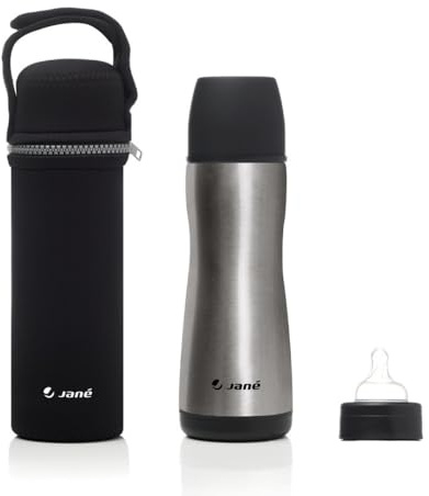 Jané Bouteille isotherme en acier inoxydable pour liquides, 300 ml, avec tétine en silicone, housse en néoprène incluse, maintient le chaud jusqu’à 8 h