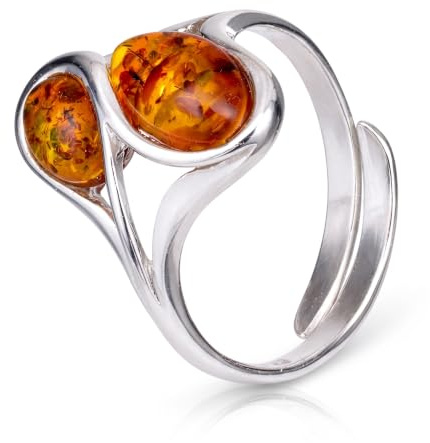 HolidayGiftShops Anillo Ajustable Milena de Plata esterlina ámbar y Miel báltica