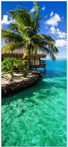 Wallario Selbstklebende Türtapete Karibisches Meer Einsame Hütte unter Palmen - Türposter 100 x 220 cm Abwischbar, rückstandsfrei zu entfernen