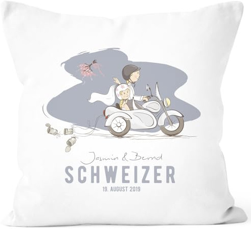 SpecialMe® personalisierbares Kissen zur Hochzeit mit Namen und Datum Hochzeitspaar auf Moped Hochzeitsgeschenk Kissenhülle Weiss Unisize