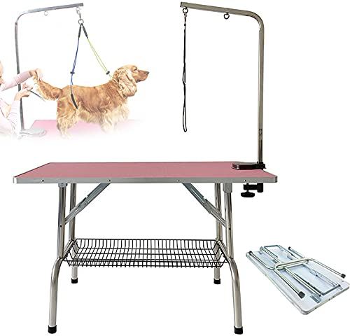 Roboraty Tierpflegetisch, Verstellbarer Arm/Schlinge/Netzablage/Faltbare Tischbeine Für Hundekatze,Professioneller Trimmtisch Zum Trocknen Von Haustieren,Lager 330lbs,Pink-95×55×78cm