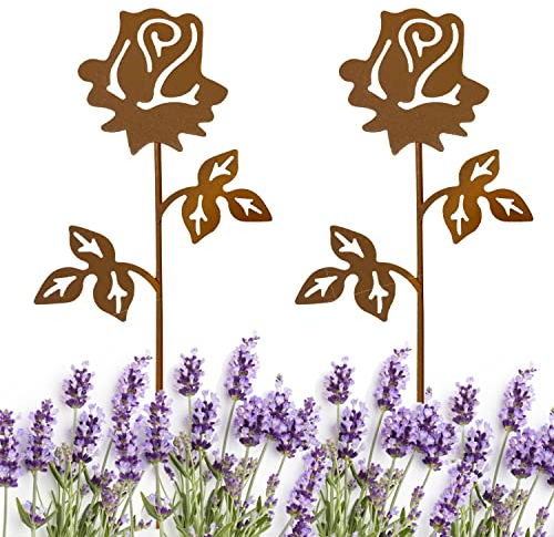 KRONLY 2 Stück Rosen Gartenstecker 29,5m Roststecker wetterfest Gartendeko Outdoor Grabschmuck