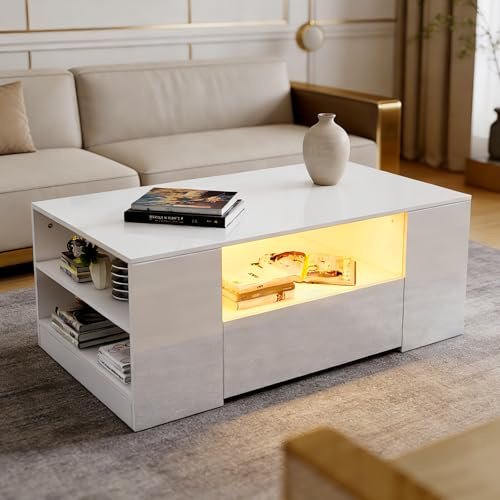 LED Couchtisch Wohnzimmertisch Regal Hochglanz Beistelltisch Kaffeetisch | 2 Schubladen, 95 x 55 x 37cm, Weiß