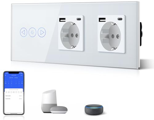 BSEED Interruptor regulador WiFi Smart Alexa Touch + doble enchufe 3 en 1 con potencia de carga USB de 2,1 A + adaptador tipo C, compatible con Google Home Tuya, interruptor táctil de vidrio (requiere