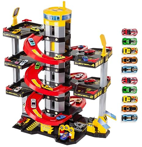 MOLTO | Parcheggio d'infanzia di 6 piani con garage, rampe, lavanderia, ascensore, stazione di benzina e area unta | Include 10 auto | Giocattoli educativi per bambini | Da 3 anni