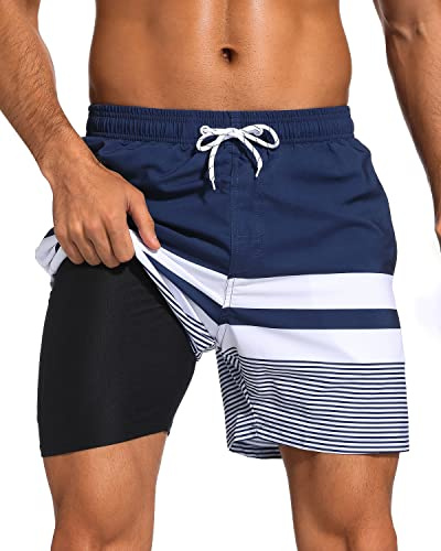 SILKWORLD Quick Dry Mens Swim Trunks with Compression Liner Stretch Swim Shorts Bathing Suits with Zipper Pockets,Dark Navy&White Stripes,X-Large