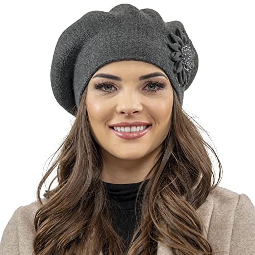VIVISENCE Vinterbasker för kvinnor höst varm basker med delikat blomsterapplikation kvinnor elegant klassisk stil perfekt för höst och vinterdagar modell 7048, Mörkgrå, one size