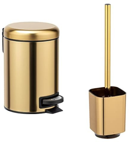 WENKO Kosmetik Treteimer Leman Gold matt 3 L - 3 l, 17 x 25 x 22.5 cm, Gold & WC-Garnitur Auron Gold, hochwertiger Bürstenhalter aus hochwertigem Kunststoff mit changierender Glanz 9 x 38,5 x 9 cm
