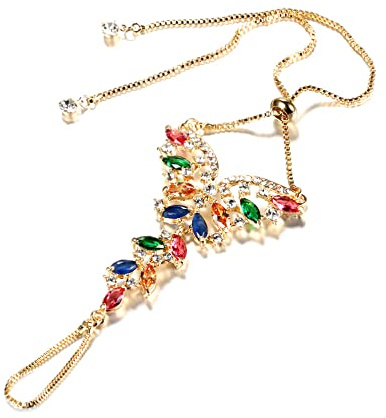 Boho Farfalla Finger Anello Braccialetto per Donne Ragazze Placcato Oro 14 Carati Colorato Zirconia Cubica Slave Hand Catena Harness Bangle Gypsy Bollywood Natale Gioielli Delicato Regalo 1 PZ