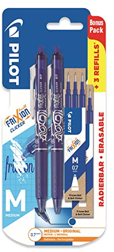 Pilot Frixion Clicker Gelschreiber, einziehbar, radierbar, blaue Tinte, mittlere 0,7 mm Spitze, 2 Stück + 6 Bonus-Nachfüllminen