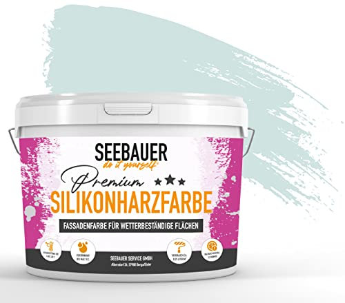 SEEBAUER diy Silikonharz-Fassadenfarbe Blau 5L für Außen (No. 823 Arctic Blue) Selbstreinigende Fassadenfarbe mit Lotuseffekt - Geeignet für Putz, Mauerwerk und Beton