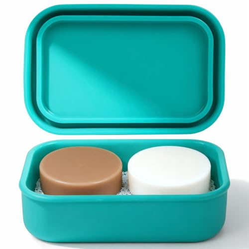 Enhanced Leak Proof Travel Soap Case, AIMAIAIMAI Silicone Soap Container with Draining Layer, Portable Bar Soap Holder for Bathroom, Camping, Gym, Easy to Clean (Green)