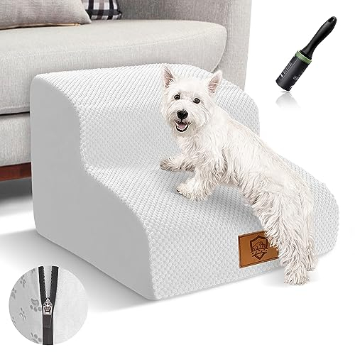 Myiosus Hundetreppe für Kleine Hunde, 2 Stufen Hunderampe für Sofa Bett, 30cm Hoch Wasserfest Haustiertreppe mit abnehmbarem waschbarem Bezug und Rutschfestem Boden (Weiß