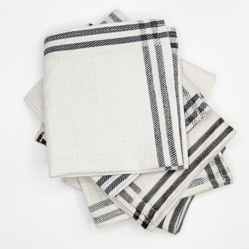 LivinEase Dish Cloths for Kitchen - Cotton Blend Tea Towels - Pack of 6 (30 x 30) Tea Towels Set- Absorbent T Towels (White-Black Stripes)