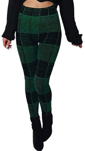 STAR FASHION Womens Full Length Knitted Leggings Ladies Thick Warm Printed Knitwear Legging Winter Wear Bottoms Green Tartan