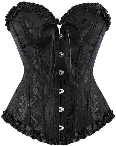 Springcmy Women Plus Size Corset Tops Boned Overbust Bustier Shapewear Lingerie Floral Lace Up Ruffle Trim Waist Push Up Bodysuit (A-Black, S)