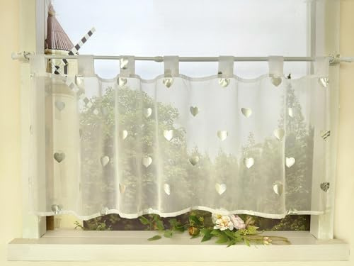 Devola Gardinen mit Glanzdruck Scheibengardine mit Schlaufen Weiß Bistrogardine Transparent Kurzgardine Kinderzimmer Kleinfenster Gardinen Modern HxB 45x90cm Herzmuster 1 Stück