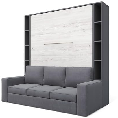 MAXIMAHOUSE Schrankbett vertikal Invento LED 160V (160x200) mit Sofa Milo und Regalen (Grau/Eiche Monaco + graues Sofa + Regalen)