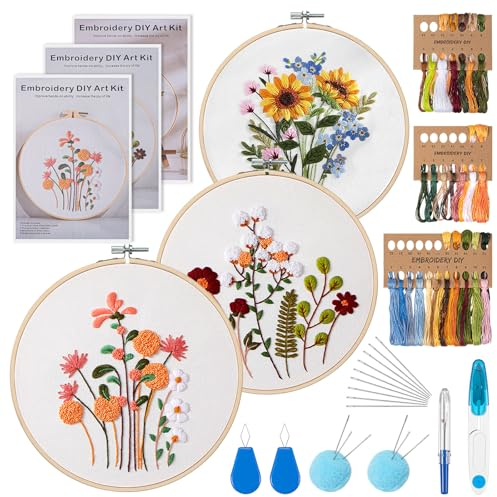 Kldgris Stickset für Anfänger, Blumenmuster Pflanzen Embroidery Kit mit 2 Stück Bambus Stickrahmen, Anleitung und Werkzeuge, Kreuzstich Set für DIY Kunst, Handwerk, Sticken