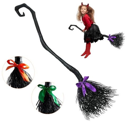 Halloween Hexenbesen, 130cm Kinder Hexenbesen mit 3 farbigen Bändern, Hexe Magischer Besen, Abnehmbare Cosplay Besen Requisiten für Halloween Karneval Party Kinder Erwachsene Kostüm Dekoration