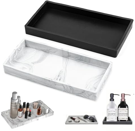 2 Stück Badezimmer Tablett Badezimmer Deko Tablett Rechteckig Silikon Ablageschale Schminktisch Deko, Tabletts FüR Badewanne, Küche, Toilette, 20 X 10cm (Marmor+Schwarz