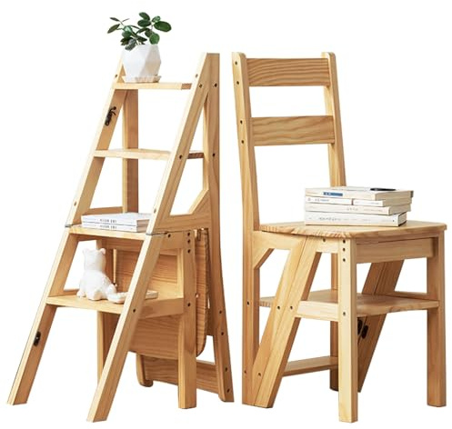Folding Library Ladder Step Chair - Wooden Step Ladder Foldable 4-Step Stool Dual Purpose Stepladders for Climb Display Stand and Flower Stand - Brown, 46x35x90CM