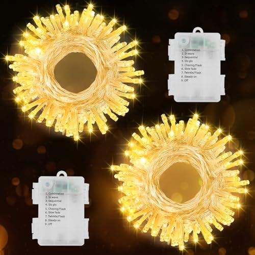 2 Stück Lichterkette Batterie Weihnachten mit Timer Transparentes Kabel | 7M 70LEDs Lichterketten, 8 Modi Wasserdicht Lichterkette für Weihnachten Garten Balkon Hochzeit (Warmweiß)