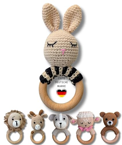 C|UTE – Babyrassel mit Namen ab 0 Monate | Greifling Baby personalisiert aus Baumwolle und Holz | Geschenke zur Geburt, Taufgeschenk Mädchen & Junge, personalisierte Geschenke Baby (Hase, ohne Gravur)