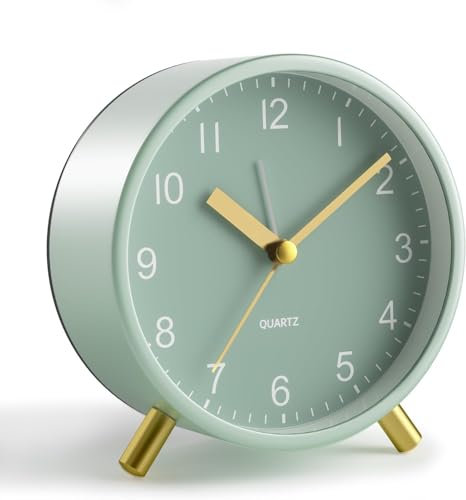 Diane Analogue Alarm Clock,Super Silent Non Ticking with Night Light,Battery Operated,Fashionable Round Metal Alarm Clock for Office,Bedroom,Elderly,Adults,Children,School Gift (Green)