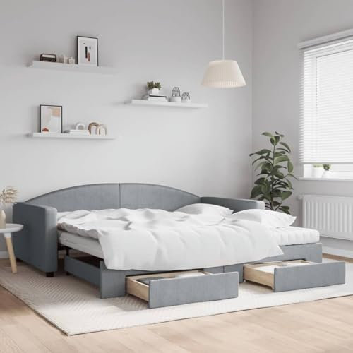 Brokky Tagesbett Ausziehbar mit Schubladen Tagesbett Ausziehbar Bett Mit Schubladen Bett Sofabett Tagesbett Hellgrau 100x200 cm Stoff / 3197247