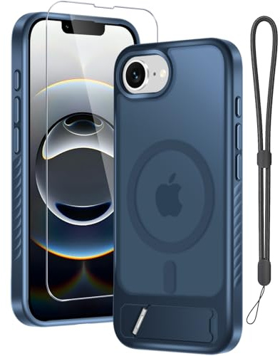 RMOCR for iPhone 16e Case & iPhone 17e Case with Screen Protector+Lanyard Wrist Strap,Magnetic Translucent Matte Rugged Slim Phone Cover Built in Invisible Kickstand [Fit for MagSafe],Navy Blue