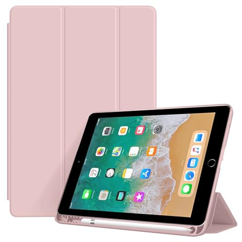 EspZanthic Funda para iPad 9,7 Pulgadas (6.ª/5.ª Generación, 2018/2017) con Portalápiz, Delgada Tableta Antichoque Cover Carcasa con Parte Posterior de TPU Suave, Rosa