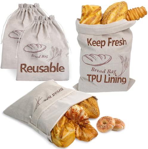 Reusable Linen Bread Bags for Homemade Bread Sourdough With TPU Lining,Unbleached Plastic Lined Breads Bag to Keep Fresh,2 Pcs 33 x 45 Cm, Cloth Saver Bag For Storage Linen with Drawstring Closure
