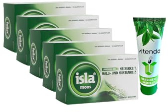 isla® Pastiglie di muschio – 5 x 120 pezzi inclusa una crema per le mani di Vitenda per problemi di gola e voce, con estratto di muschio islandese