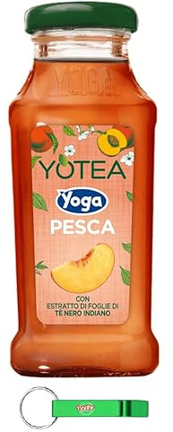 48x Yoga Eistee Yotea Thè Pesca,Erfrischendes Alkoholfreies Getränk,Eistee mit Pfirsich Glasflasche 200ml + Beni Culinari Kostenloser Schlüsselanhänger