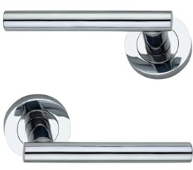 Infinity Decor Pair of Straight T- Bar Lever Door Handle on Round Rose Set Passage Pull Handles (125mm) in Polished Chrome Finish for Interior and Exterior Doors