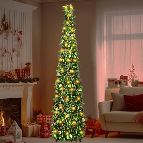 Faltbarer Künstlicher Weihnachtsbaum mit Beleuchtung, 150cm Pop Up Schmal Weihnachtsbaum mit 50 LED Lichtern, PVC Lametta Bleistift Tannenbaum mit Ständer für Innen & Außen Weihnachtsdeko (grün)