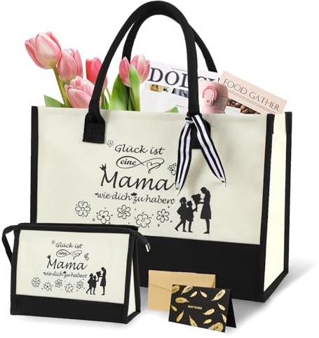Seutgjie Geschenke für Mama, Muttertagsgeschenk mit Glückwunschkarte Mama Tasche Canvas Einkaufstasche Tragetasche Kosmetiktasche Set zum Geburtstag Muttertag Weihnachten