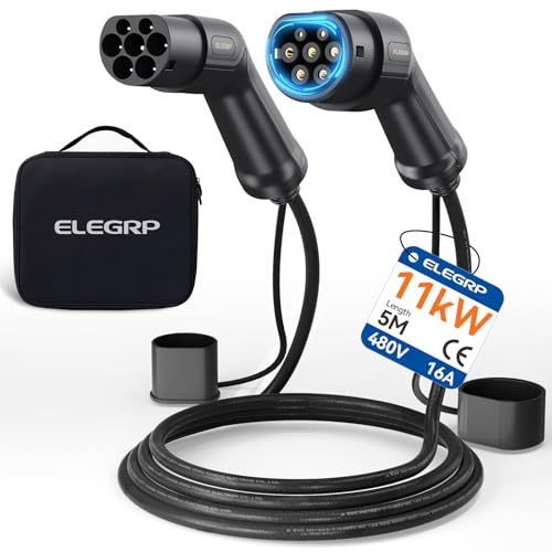 ELEGRP Cable de Carga Tipo 2, 11kW 5M 16A 3-fásico, Cable de Carga Tipo 2 a Tipo 2 Modo 3 para Coche eléctrico EV/PHEV con Bolsa de Transporte, Adecuado para Modelos S/3/X/Y, VW ID.3 ID.4 e-Golf y